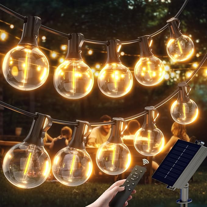 G40 Solar String Lights Outdoor with Remote 60 FT, USB & Solar Dual Charging, Waterproof, 8 Modes 3 Timers, 20+2 LED Shatterproof Bulbs, Dimmable Solar Light for Camping Backyard Bistro Porch Garden