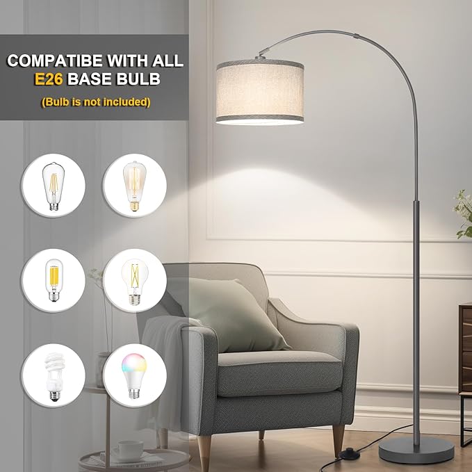 Arc Floor Lamp, Modern Floor Lamp for Living Room with Adjustable Lamp Head, Tall Pole Lamp with Gray Lampsahde and On/Off Pedal Switch, Over Couch Reading Light for Bedroom, Office, Study Room