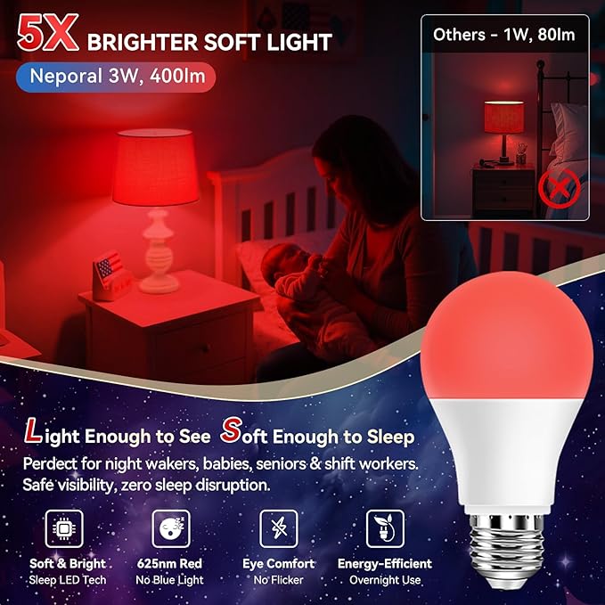 Neporal 625nm Red Light Bulbs for Sleep 3W, 100% Blue Light Blocking Light Bulbs for Melatonin Promoting, A19 LED 40W Equivalent Dim Red Night Light Bulb for Baby Nursery, Sleeping, Reading, 6-Pack