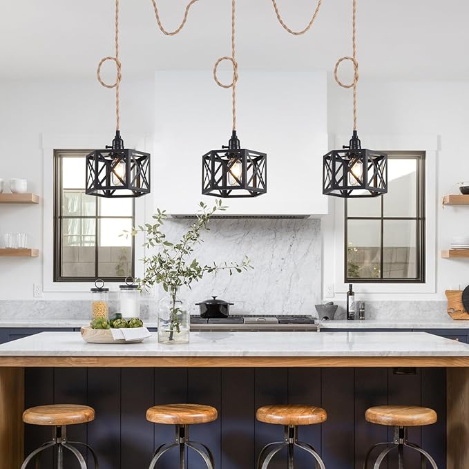 3 Light Plug in Pendant Light Rattan Hanging Lights with Switch 22FT Industrial Ceiling Light,Plug in Cord with Woven Hemp Rope Lamp Shade, Hanging Lamp Cord Farmhouse Cable DIY
