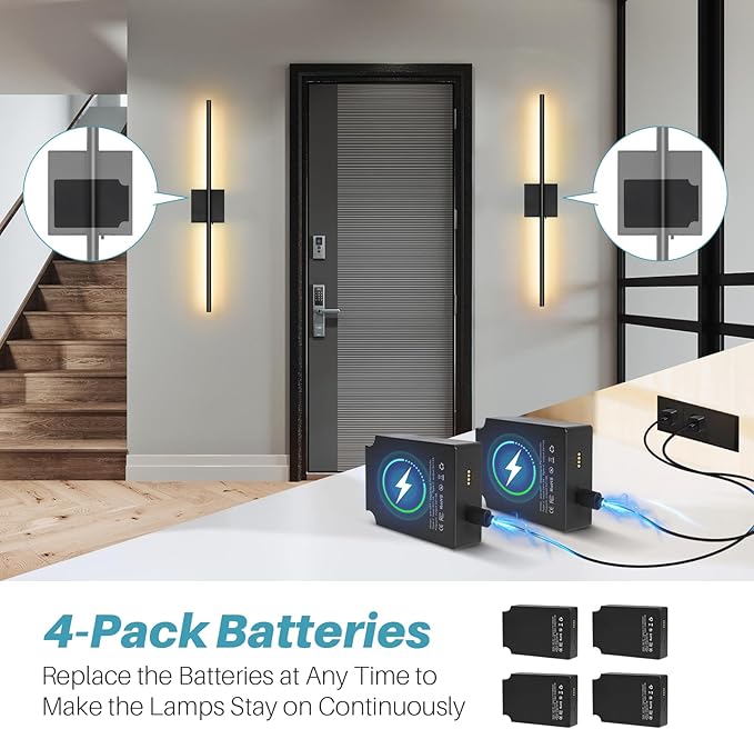 Removable 10000mAh Battery Operated 2 Pack Wall Sconces Lamps Remote Control & 4 Pack Batteries 31.5’‘ Rechargeable Dimmable Black LED Wireless 13.6W Wall Lights for Living Room Bedroom Picture Foyer
