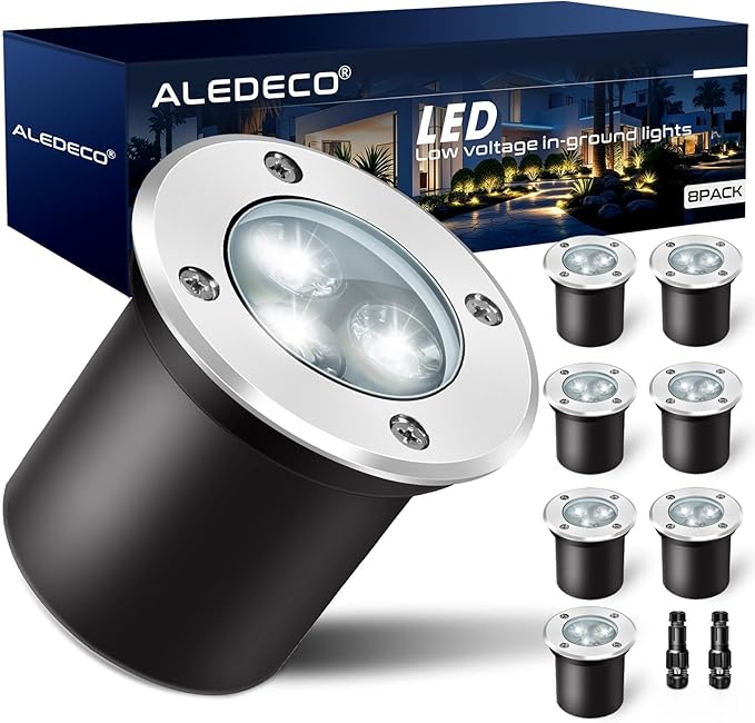 8Pack Low Voltage Landscape Lights with Connectors 3W LED 12-24V In-Ground Lighting IP67 Waterproof Garden Light 6500K Outdoor Decorative Lights for Yard Pathway Wall Patio (Cool White)