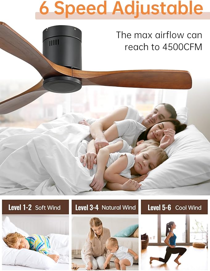 Sofucor Ceiling Fan no Lights, 52 Inch Low Profile Flush Mount Wood Ceiling Fan with Remote for Indoor Farmhouse Bedroom Living Room Outdoor Patio Porch, 3 Blades, Reversible DC Motor, Noiseless