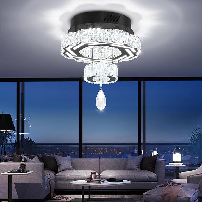 Flashing God 12" Modern Crystal Chandeliers Black Flush Mount Ceiling Chandelier Mini Chandelier for Hallway LED Dimmable Crystal Pendant Light for Dining Room Living Room Bedroom