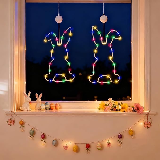 Happy Easter LED Bunny Window Light with Suction Cup, Windows Decorations Hanging LED Lights with Timing Function,Suitable for Indoor and Outdoor Easter Decoration, Family Gathering