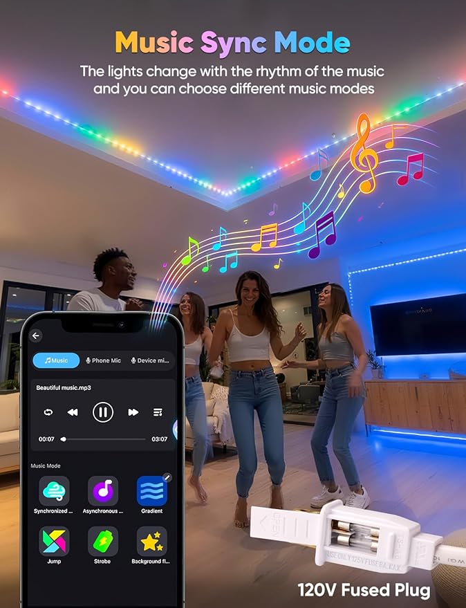 16FT Outdoor LED Strip Lights RGB+IC with Warm&Cool White, ETL Listed Music Sync Light Strip AC 120V, IP65 Waterproof and Connectable, for Party Festival Eave Porch Patio Every Day Decor