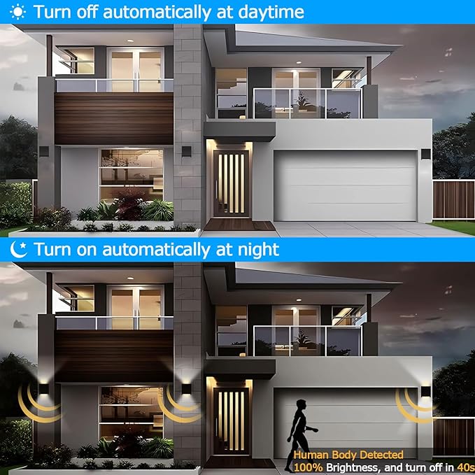 2-Pack Outdoor Wall Lights, Modern Square Up and Down Lights Outdoor Wall Lights IP65 Waterproof Aluminum Sconces with Motion Sensor 10W 3000K LED Outdoor Lighting Fixture for Porch Patio