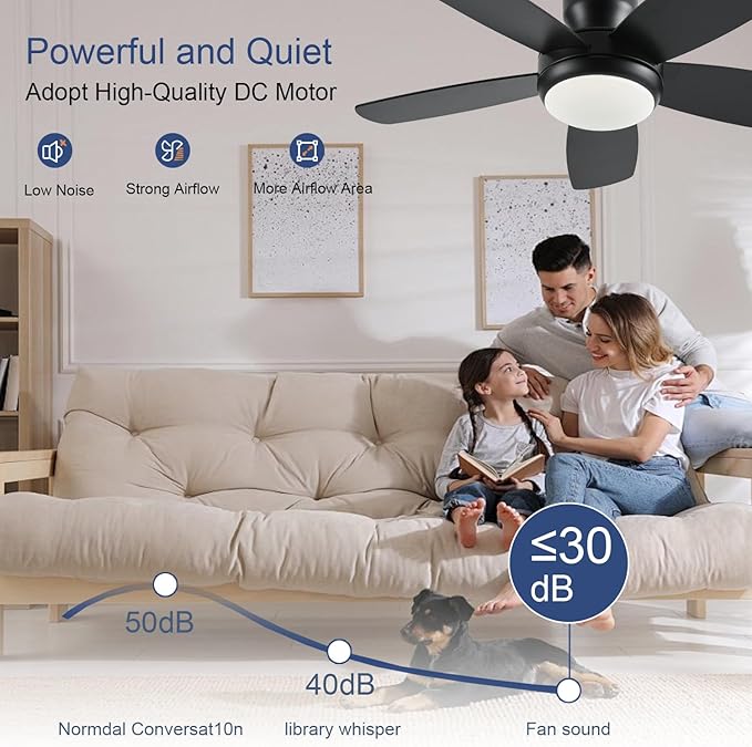 KNUN 42 Inch Ceiling Fan with Light and Remote/App Control, Low Profile Ceiling Fans with Lights,Flush Mount, Double-sided Blades, 3CCT, Dimmable, Noiseless, Black Ceiling Fan for Indoor/Outdoor Use