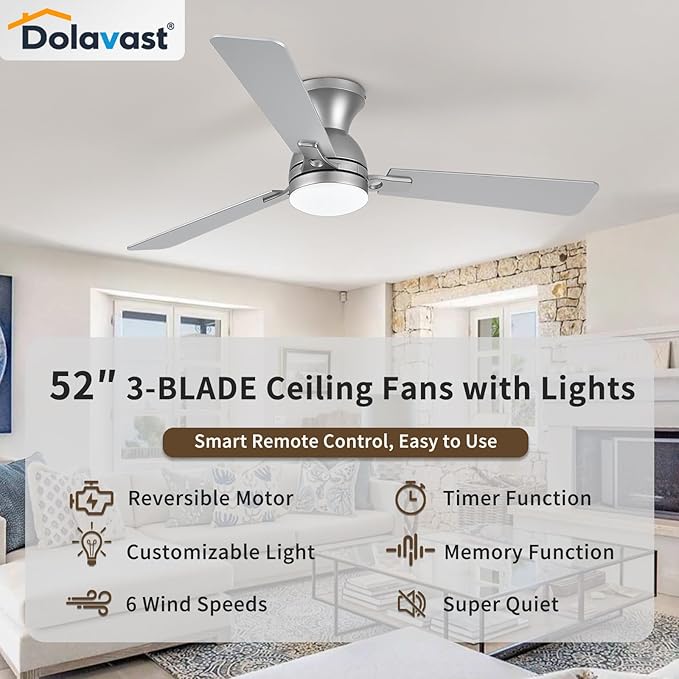 Ceiling Fans with Lights and Remote, 52 Inch Ceiling Fan with Light, Low Profile Reversible Ceiling Fans, Dimmable LED, Flush Mount, Quiet, DC Motor, Nickel Ceiling Fan for Bedroom, Kitchen