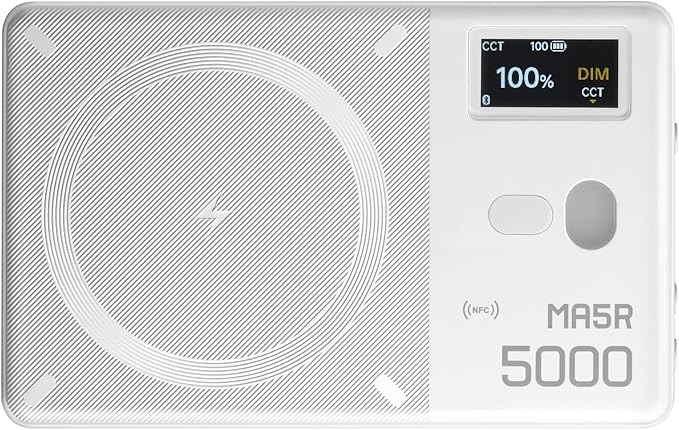 Godox RGB LED Light & Magnetic Wireless Power Bank (White), Pocket Panel 1800–10000K, CRI 95/TLCI 97, Bluetooth NFC App Control, 14 FX, Selfie Light for Vlogging (MA5RWHT)