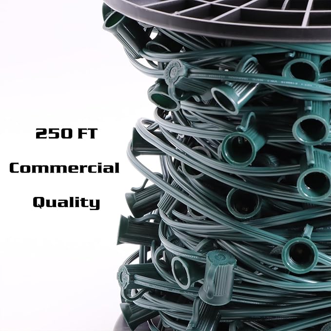 250FT C7 Light String Christmas Stringer, E12 Christmas Sockets 12" Spacing, C7 Stringer Set Green Outdoor String Light for Wedding Patio Event Lighting Decor, Green Wire