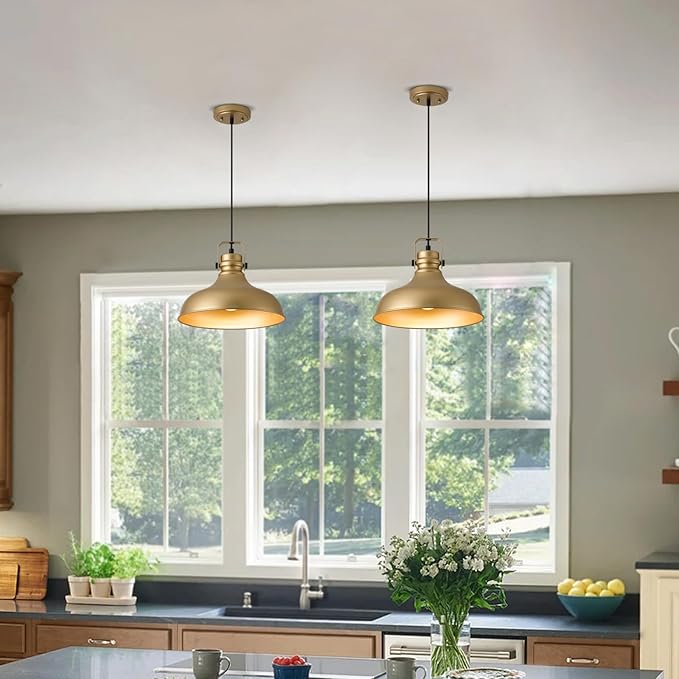 Gold Farmhouse Pendant Lights Matte Pendant Lighting for Kitchen Island Industrial Adjustable Height Vintage Dome Hanging Light Fixtures for Barn, Dining Room 3 Packs