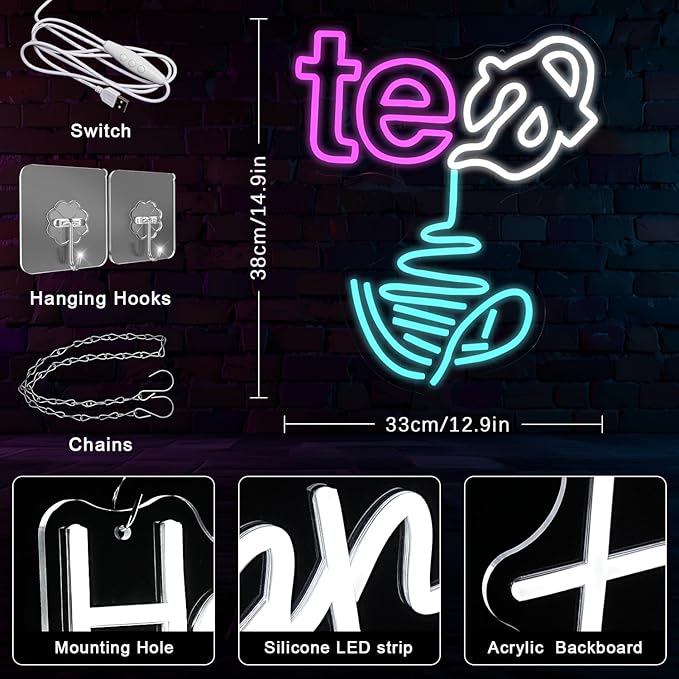 Tea Neon Sign Blue Teapot Neon Light Dimmable Tea Pouring Neon Signs Tea Bar Neon Light Signs for Kitchen Coffee Shop Teahouse Lounge Restaurants Living Room Decoration