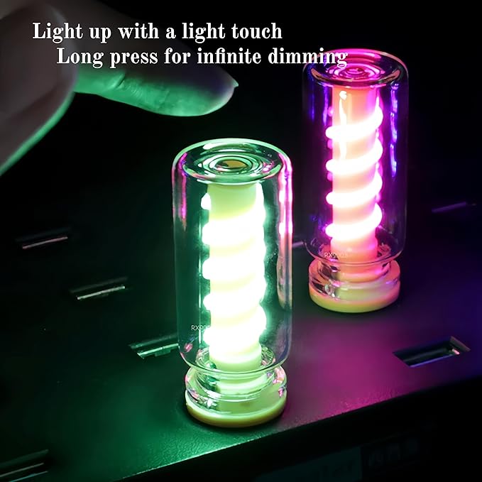 8-Pack Mini USB LED Night Lights – Touch Control, Glass Bottle Design with Spiral Filament, Assorted Colors for Car Interior, Bedroom, Party & Camping.