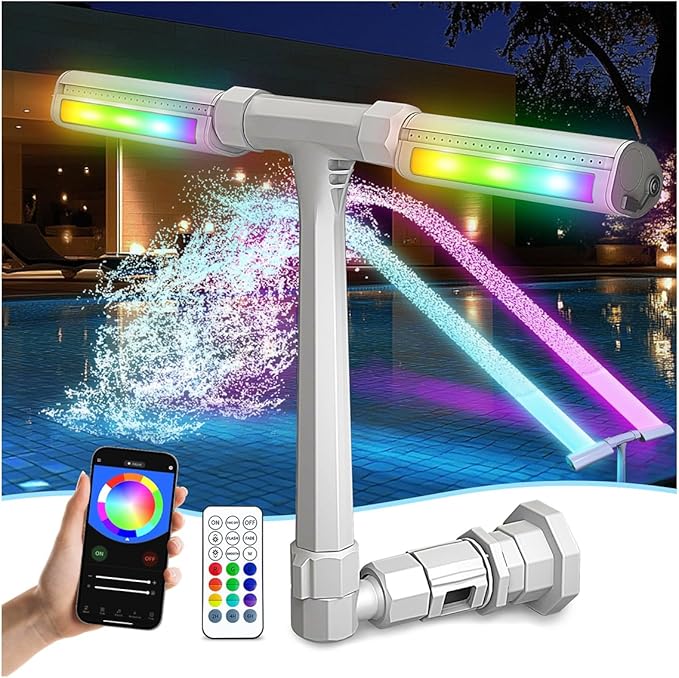 Pool Fountain for In-ground Pool and Above Ground Pools, Dual Spray Adjustable Pool Sprinkler Waterfall with 16-Colors LED Lights and 10 Modes for Outdoor Yard Decoration, RF Remote and App Control