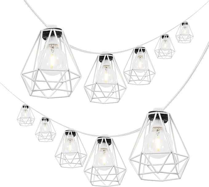 JONATHAN Y JYL8705B 10-Light Indoor/Outdoor 10 ft. Contemporary Transitional LED G40 Diamond Cage String Lights Modern, Patio, Porch, Backyard, White