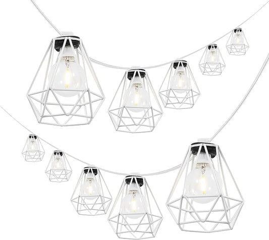 JONATHAN Y JYL8705B 10-Light Indoor/Outdoor 10 ft. Contemporary Transitional LED G40 Diamond Cage String Lights Modern, Patio, Porch, Backyard, White
