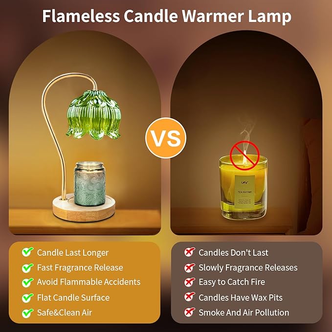 Dimmable Flower Candle Warmer Lamp, Green Candle Warmer with Timer & 4Bulbs, Birthday Chirstmas Gifts for Women Mom, Unique Home Decor for Bedroom Fits All Jar Candle