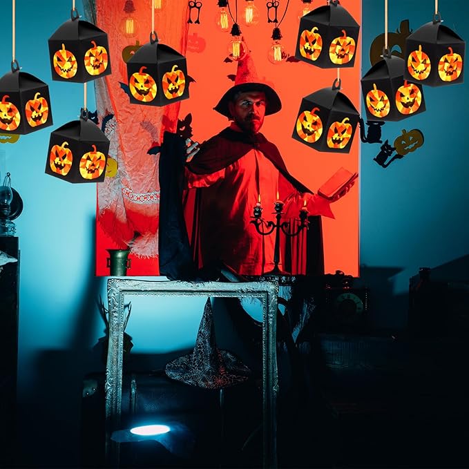12 Sets Halloween Jack-O-Lantern Crafts with LED Candlelight Jack-o-Lantern Tissue Paper Crafts Kits DIY Pumpkin Suncatchers Lanterns Kits Hanging Spooky Supplies for Halloween Party Decors