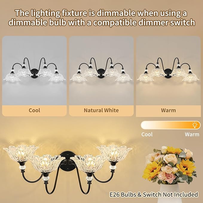 4-Light Matte Black Bathroom Vanity Light, Farmhouse Vanity Light with Floral Clear Glass Shades, Vintage Wall Mount Lighting for Bathroom