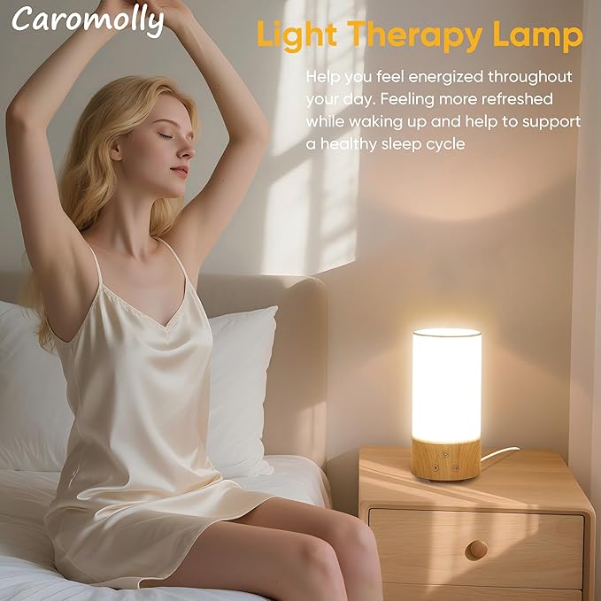 Light Therapy Lamp, Happy Lamp 10,000 LUX UV Free with 3 Color Temperature & 5 Brightness Level, Full Spectrum Light Wood Base Round Flaxen Fabric Shade for Living Room, Desk, Office