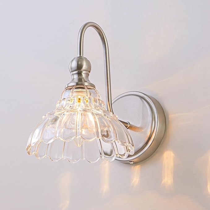 Vintage Bathroom Light Fixtures Over Mirror, 1-Light Brushed Nickel Wall Sconce Lighting with Flower Glass Shade, Farmhouse Vanity Lights for Bedroom Kitchen Living Room Hallway Light