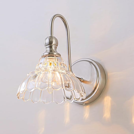 Vintage Bathroom Light Fixtures Over Mirror, 1-Light Brushed Nickel Wall Sconce Lighting with Flower Glass Shade, Farmhouse Vanity Lights for Bedroom Kitchen Living Room Hallway Light