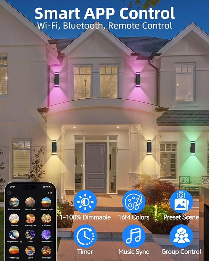 Smart Outdoor RGB Wall Lights 2 Pack, Wi-Fi & App Control Color Changing Up and Down Wall Sconce with Remote, Dusk to Dawn Waterproof Exterior Lighting Fixtures Works with Alexa, Google Assistant