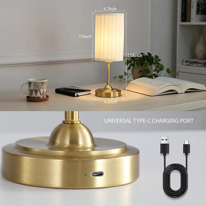 Portables Cordless Table Lamp Set of 2,LED Fabric Shade DeskLamp,Rechargeable Battery Operated，Lighting for Bedroom, Bedside,Bar,Living Room, Dining Room, Night Light (Brass)