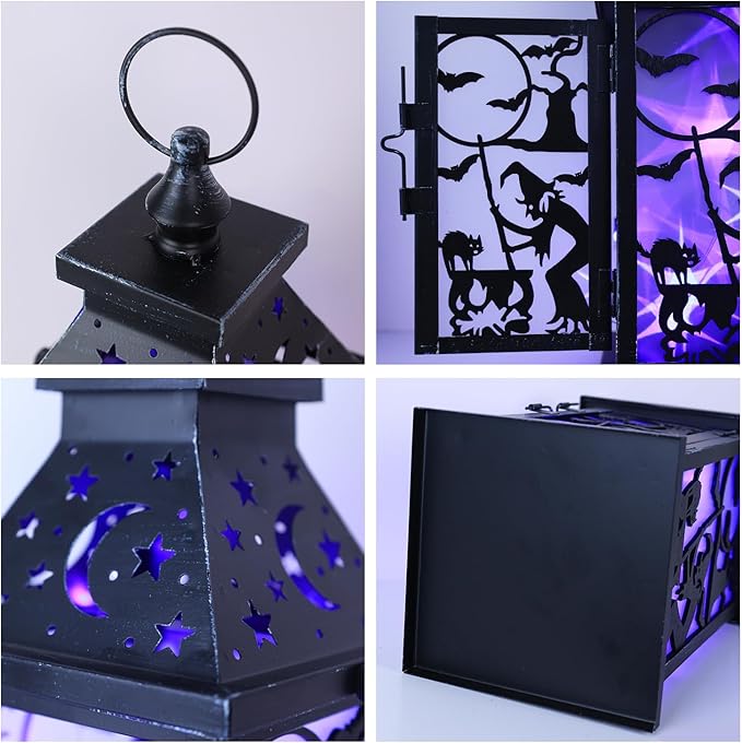 DECORKEY Halloween Decorations Indoor, 14.9" Decorative Witch & Bat Candle Lantern with 82" LED Lights(8 Modes; No Battery), Hanging Spooky Halloween Lanterns, Outdoor Home Room Door Party Decor