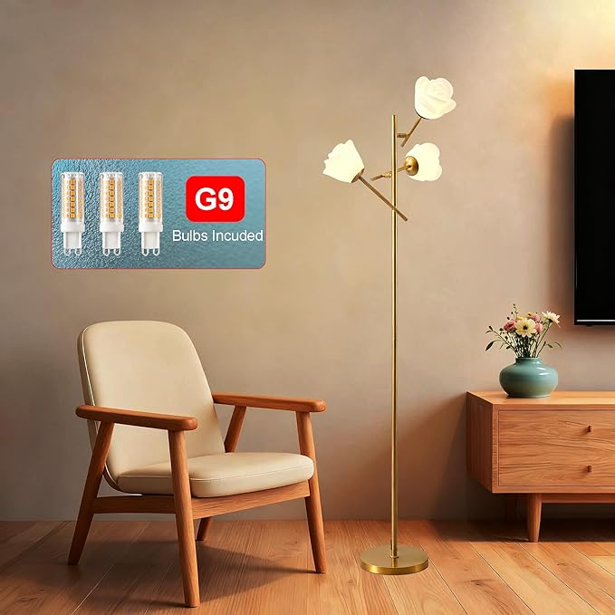 Fiqevs Mid Century Modern Floor Lamp with 3 Adjustable Flower Shade - Floral LED Standing Light with Foot Switch & Light Bulb, Sputnik Tree Lamp for Living Rooms Bedrooms - Antique Brass/Gold