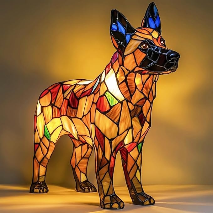 Rainbow Puppy Lamp Stained Glass Dog Night Light 3D Retro Stained Resin Rainbow Pup Lights Charge Powered Table Lamp Puppy Glow Lamps for Home Bedroom Desk (D)