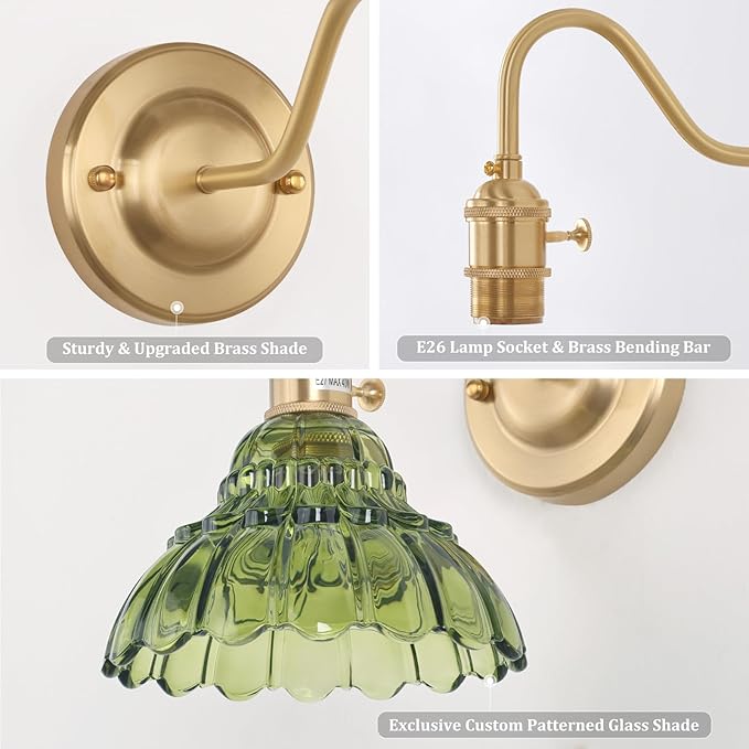 Battery Operated Wall Sconce Set of 2, Vintage Rechargeable Wall Lights with Green Lily Glass Shade, Wireless Indoor Wall Lamp with Remote for Bedroom Living Room Bathroom