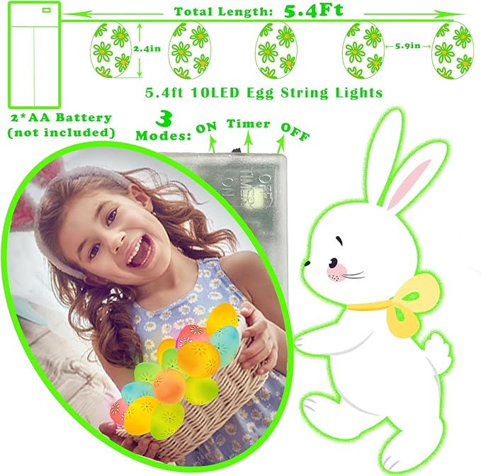 ITICdecor Easter Day Light Egg String Lights Battery Operated with Timer 5.4Ft 10LED Fairy String Lights for Easter Decor Indoor Bedroom Patio Spring Theme Party Decor