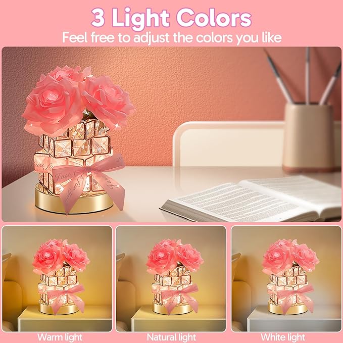 ONXE Valentines Day Birthday Gifts for GF Girlfriend Mom Wife, Flower Cordless Crystal Table Lamp,3-Colour Dimming Rechargeable Forever Rose Bedside Lamp Night Light Anniversary Decor for Women Men