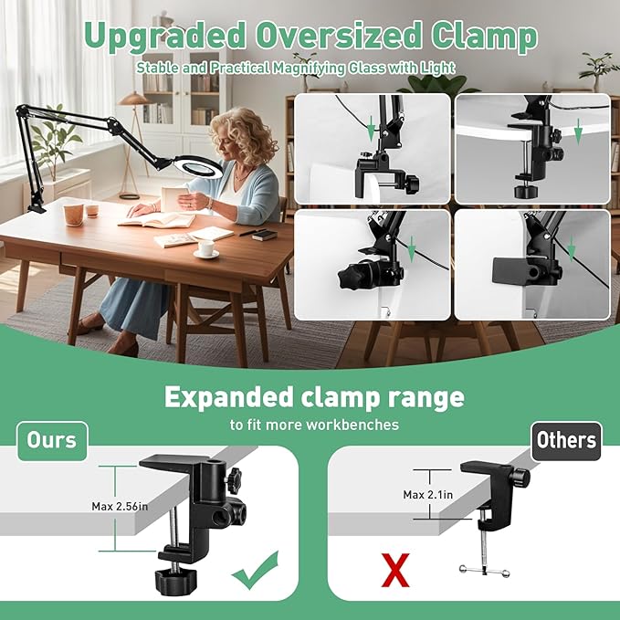 12X Magnifying Glass with Light, Ultra Long 3 Section Swing Arm LED Desk Lamp with Large Clamp, 5 Color and Brightness Hands Free Magnifier Light and Stand for Workbench Crafts Reading Painting