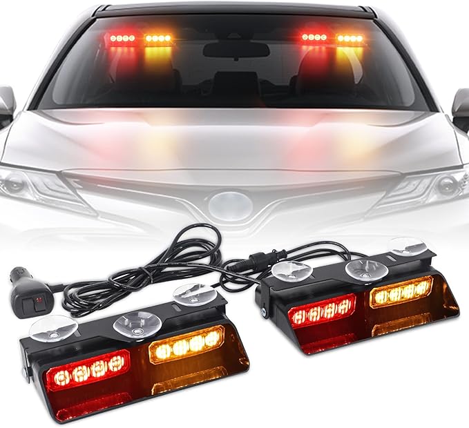 XRIDONSEN 2 in 1 Dash Emergency Strobe Lights Interior Windshield Lights Red Amber Warning Safety Flash Law Enforcement w/Suction Cups for Volunteer Police Vehicles, Trucks (2×7.16 inch, 16 LED)