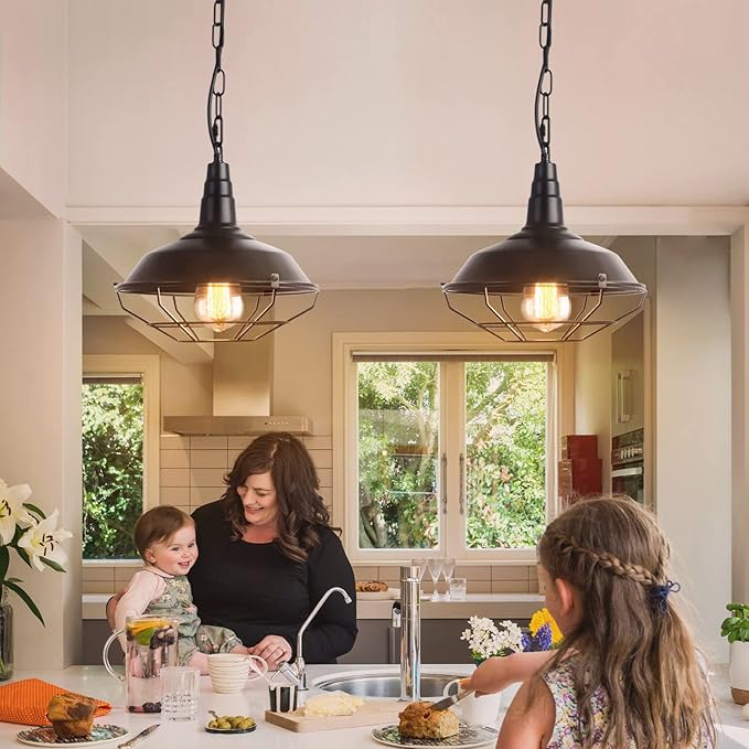 Industrial Pendant Lights 2 Pack Farmhouse Pendant Lights with Adjustable Chain, D10.2 Rustic Pendant Lighting Barn Black Metal Hanging Lights with Wire Cage for Kitchen Island Dining Room