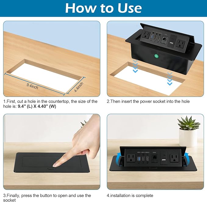 Table Pop Up Outlet, Desktop Pop Up Socket Center Countertop Socket Multimedia Strip Socket Connection Box Countertop with USB 3.0/2×AC/2×HDMI/USB-A/USB-C/LAN for Conference Desk Office (Black-3)