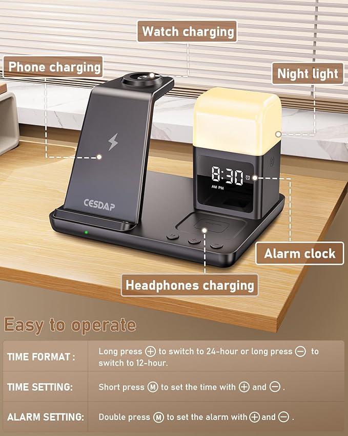 6 in 1 Wireless Charging Station for Apple Charging Station for Multiple Devices with Alarm Clock and Night Light nightstand for iPhone 16 15 14 13 for Apple Watch Best Gift for Your Loved Ones