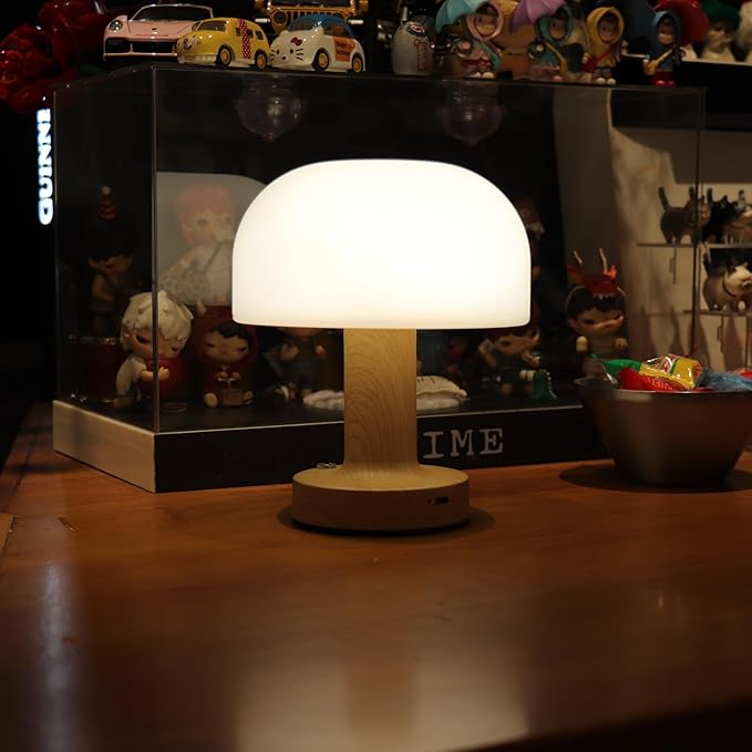 Small Mushroom Table Lamp, Cordless Night Light with 2600mAh Rechargeable Battery, Stepless Dimming Desk Lamp with 3 Colors for Bedroom/Patio/Living Room (Wooden-1)