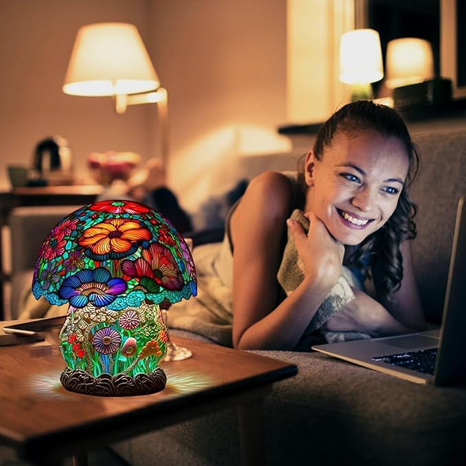 Mmoneyake Painting Mushroom Table Lamp, 2023 New Stained Plant Night Light,Bohemian Resin Mushroom Decorative Bedside Lamp for Bedroom Living Room Home Office Decor Gift
