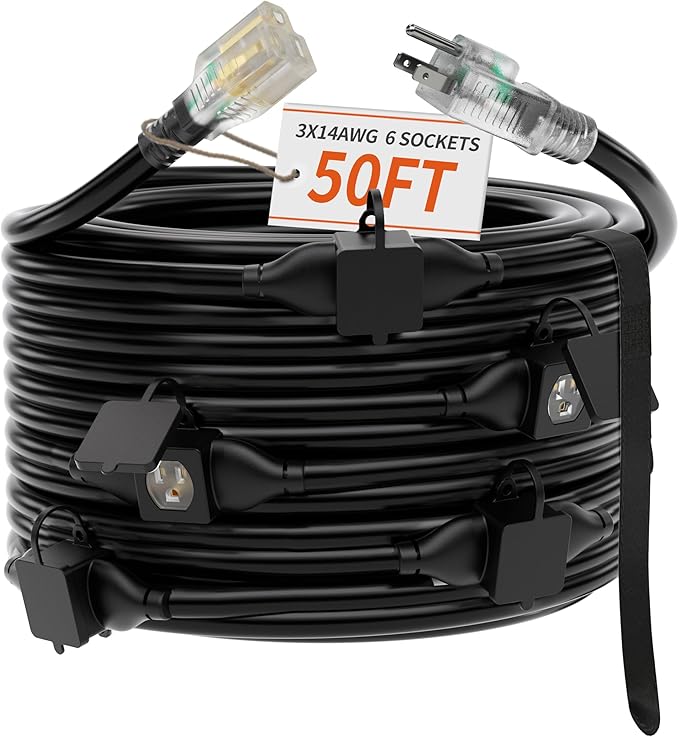 50 FT Outdoor Extension Cord with Multiple Outlets, 14/3 Gauge Heavy Duty Extension Cord Evenly Spaced 6 Outlets Plugs Black with Lighted Waterproof, 15AMP 1875W 125V 14AWG SJTW,ETL Listed.