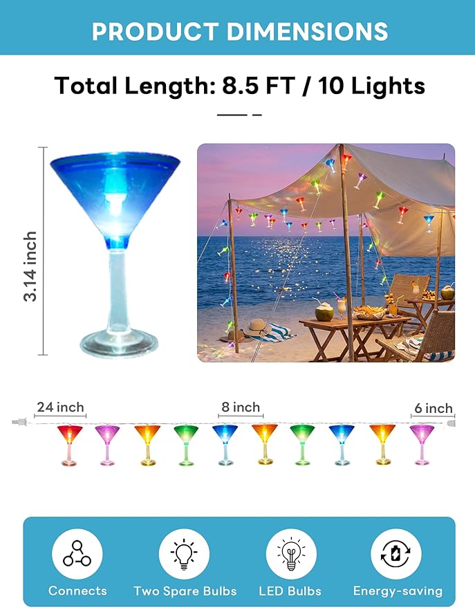 Multicolor Cocktail String Lights, 8.5Ft Cocktail Plug in Outdoor Party Lights with 10 LED Multicolor Cocktail Lights, Summer Patio Decorations String Lights for Bedroom Home Decks Party Lighting