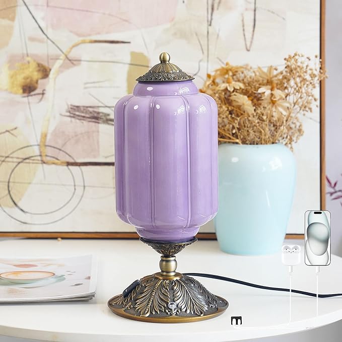 Vintage Purple Glass Touch Table Lamp, Elegant MilK Glass Bedside Desk Lamp 3 Way Dimmable with USB C+A Charging Ports - Bedroom Nightstand & Living Room Essential, 4W Bulb Included (Purple, 6.5)