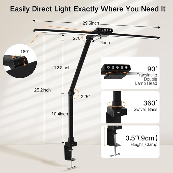 OUTON 29.5" LED Desk Lamp with Clamp for Home Office, 24W Eye-Caring Architect Desk Lamp for Dual Monitors, USB-C & USB-A Ports, Remote & Touch Control, 5 Color Temperatures, Stepless Dimming