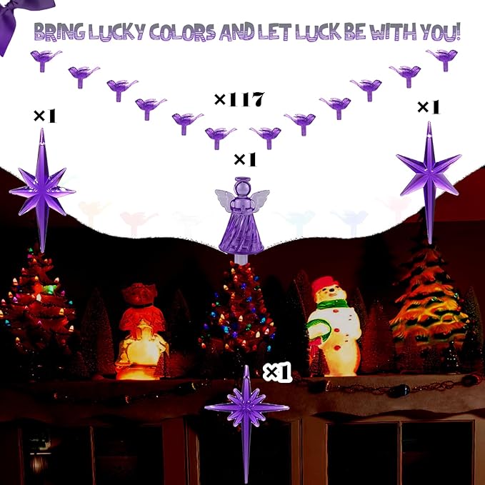 117Pcs Ceramic Christmas Tree Purple Martin Bird Replacement Lights Bulbs and 1 Angel/3Stars Topper Ornament for Ceramic Tree Décor - Medium Plastic Pegs.