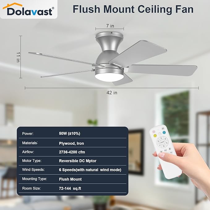 Ceiling Fans with Lights, 42 Inch Low Profile Ceiling Fan with Light and Remote Control, Flush Mount, Reversible, 3CCT, Dimmable LED, Quiet, Nickel Ceiling Fan for Bedroom, Kitchen