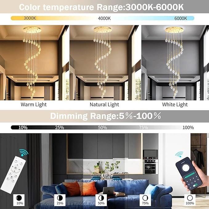 30 Light Modern Glam Crystal Chandelier for High Ceiling LED Dimmable Ceiling Pendant Light Staircase Foyer Enterway Living Room Chandelier Lighting Antique Gold