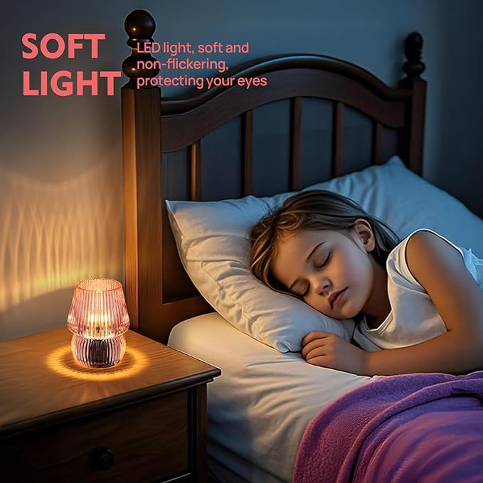 Small Battery Operated Lamp with Timer, Tiny Cordless Glass Table Lamp for Home Decor, Kitchen, Bathroom, Birthday Gift for Women, Mushroom, Pink